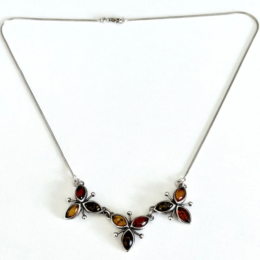 Vintage 925 Sterling Silver Natural Amber Cabochon Three Flowers Necklace 18